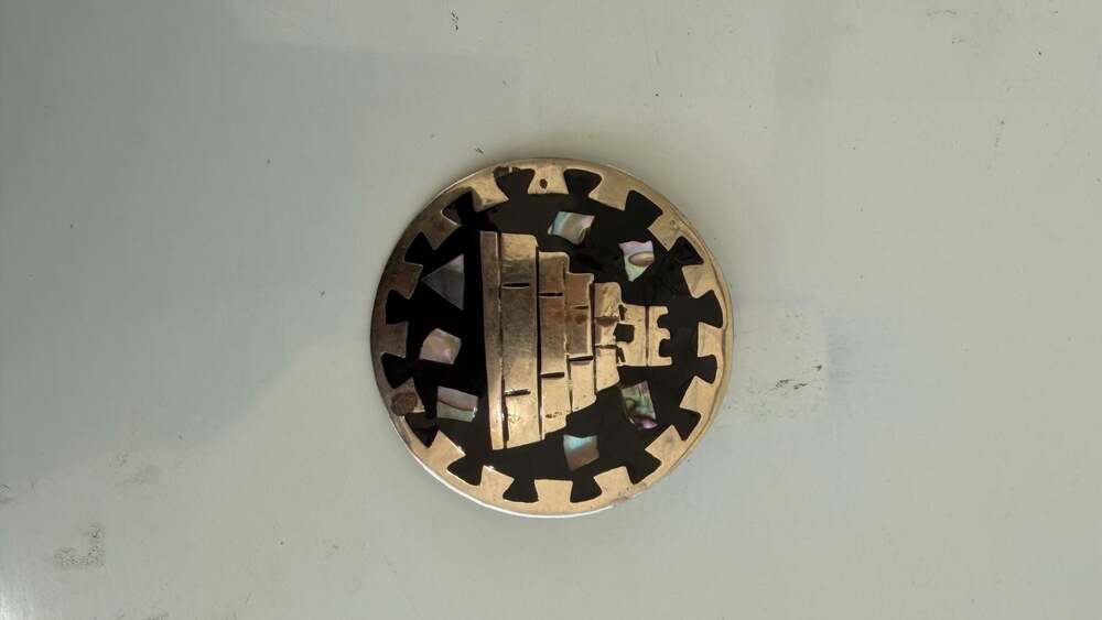 Vintage Mayan Pyramid Brooch Pendant with Abalone Inlay and Black Enamel, Made i